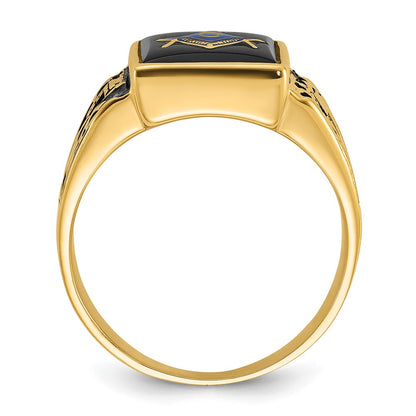 14k Yellow Gold Mens Polished and Textured with Black Enamel and Onyx Masonic Ring