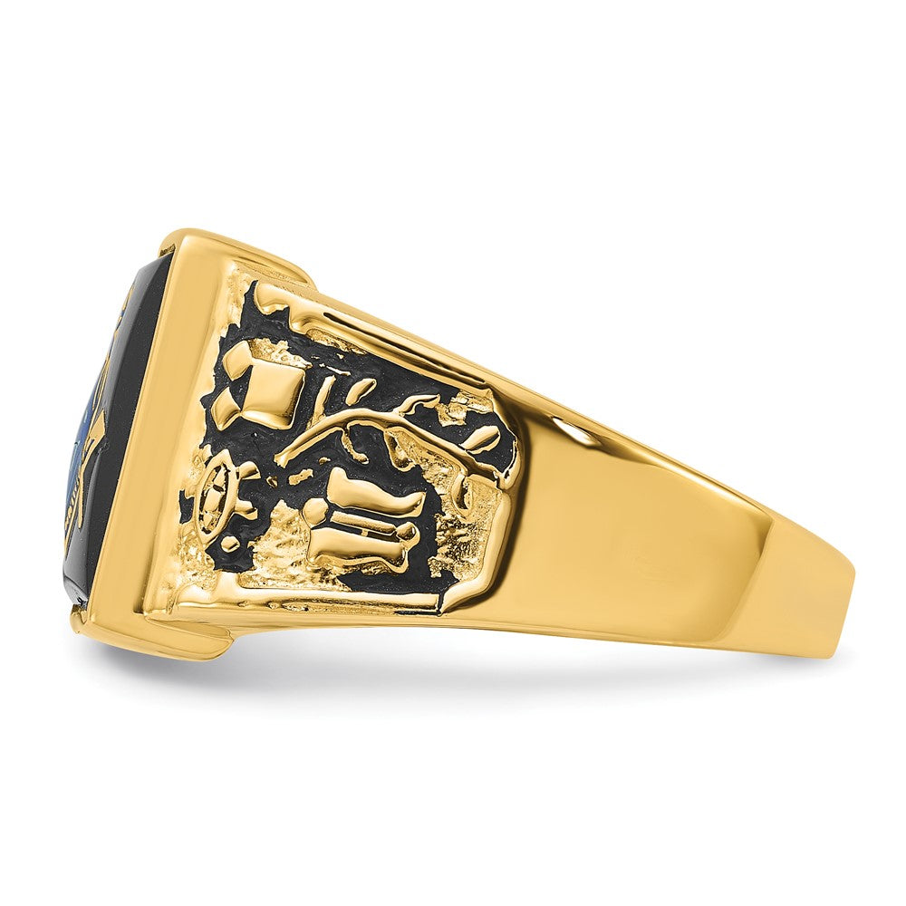 14k Yellow Gold Mens Polished and Textured with Black Enamel and Onyx Masonic Ring