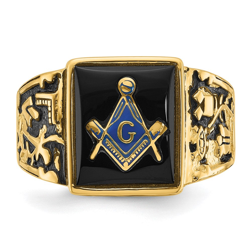 14k Yellow Gold Mens Polished and Textured with Black Enamel and Onyx Masonic Ring