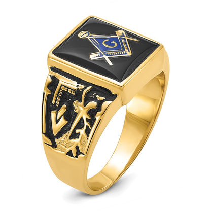 14k Yellow Gold Mens Polished and Textured with Black Enamel and Onyx Masonic Ring