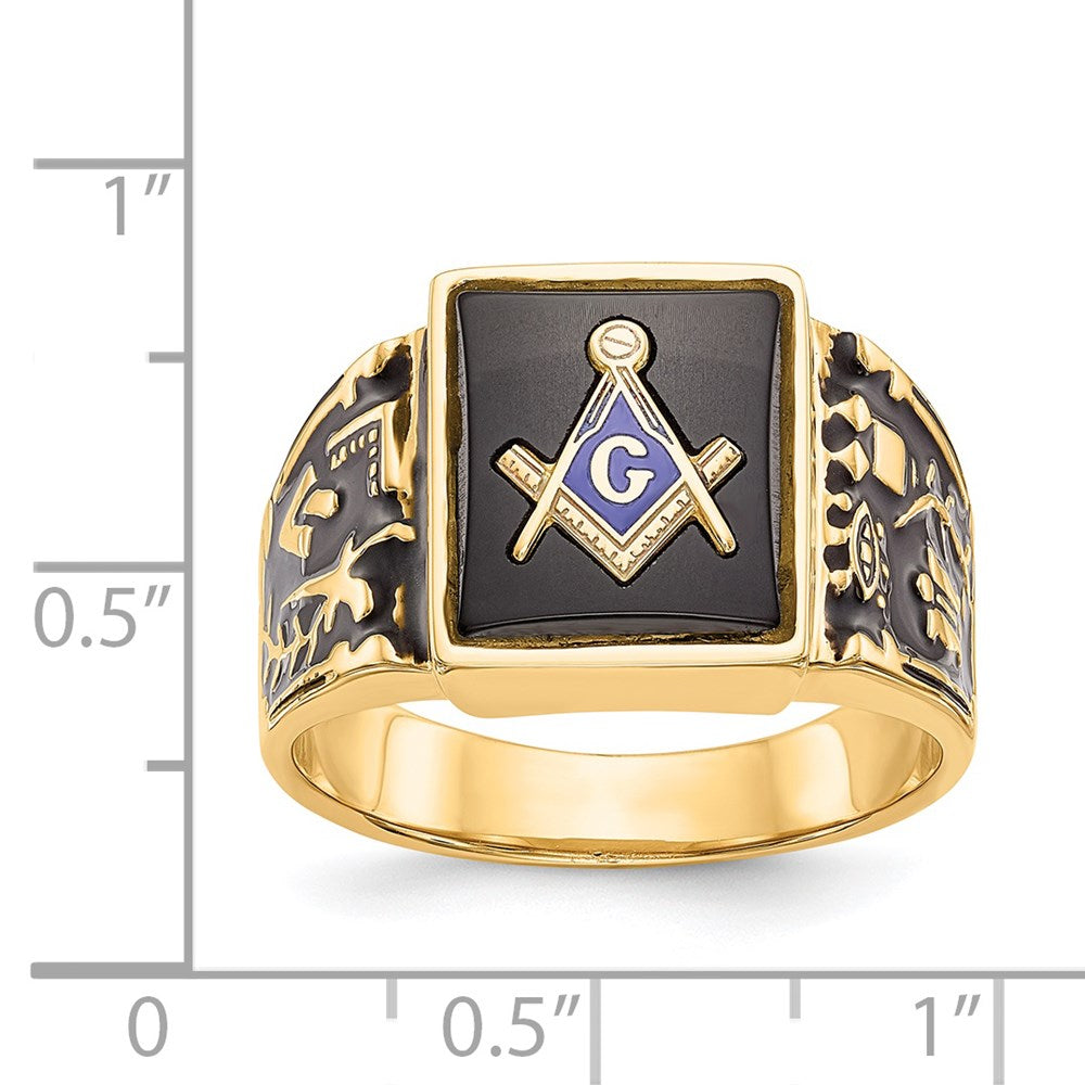 14k Yellow Gold Mens Polished and Textured with Black Enamel and Onyx Masonic Ring