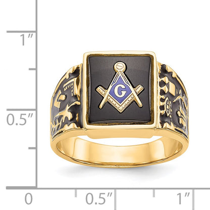 14k Yellow Gold Mens Polished and Textured with Black Enamel and Onyx Masonic Ring
