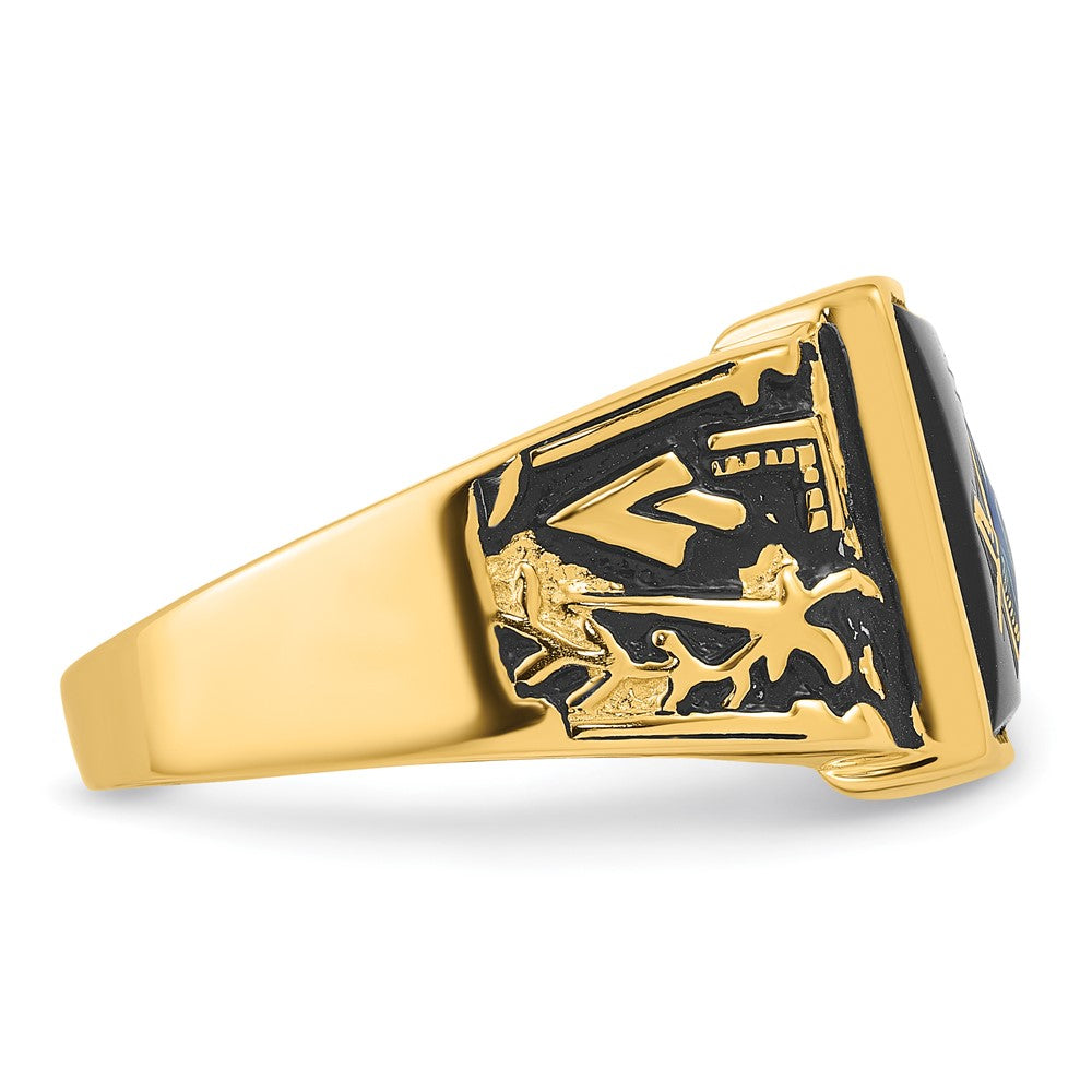 14k Yellow Gold Mens Polished and Textured with Black Enamel and Onyx Masonic Ring