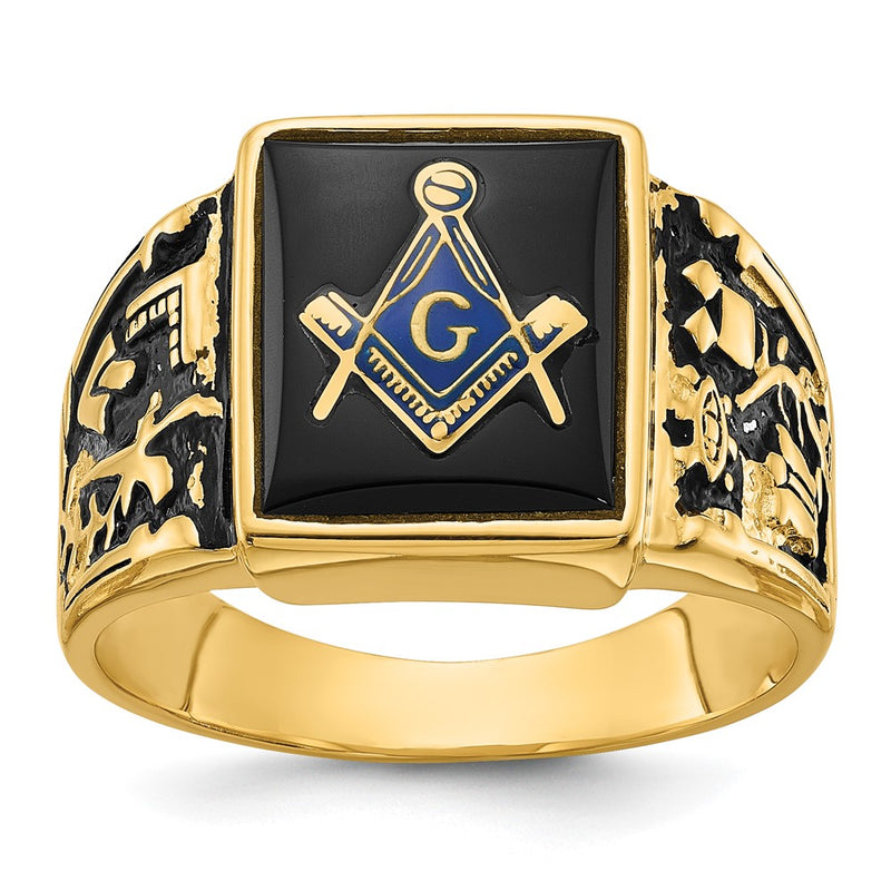 14k Yellow Gold Mens Polished and Textured with Black Enamel and Onyx Masonic Ring