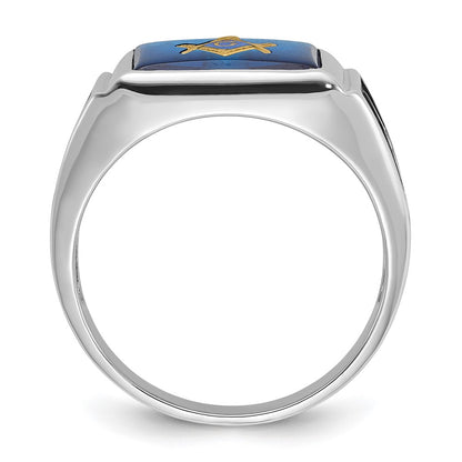 14k White Gold Mens Polished and Textured with Black Enamel and Imitation Blue Spinel Masonic Ring