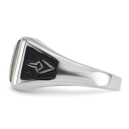14k White Gold Mens Polished and Textured with Black Enamel and Imitation Blue Spinel Masonic Ring