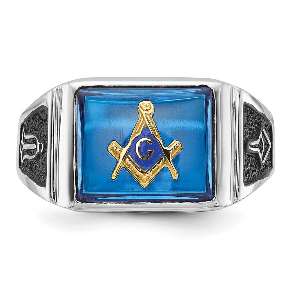 14k White Gold Mens Polished and Textured with Black Enamel and Imitation Blue Spinel Masonic Ring