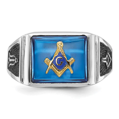 14k White Gold Mens Polished and Textured with Black Enamel and Imitation Blue Spinel Masonic Ring