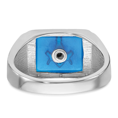 14k White Gold Mens Polished and Textured with Black Enamel and Imitation Blue Spinel Masonic Ring