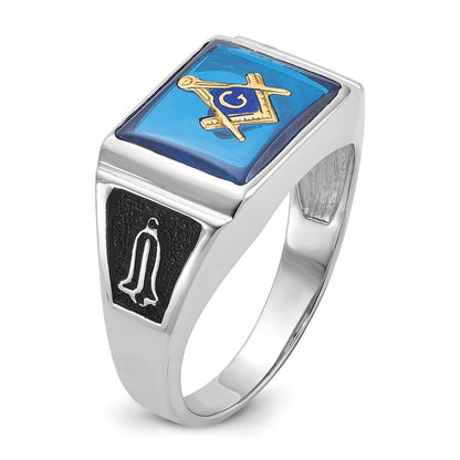 14k White Gold Mens Polished and Textured with Black Enamel and Imitation Blue Spinel Masonic Ring