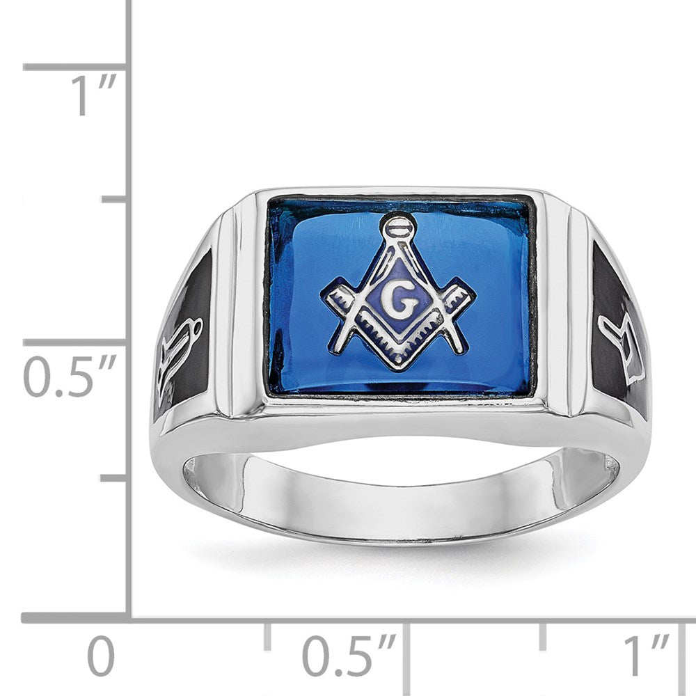 14k White Gold Mens Polished and Textured with Black Enamel and Imitation Blue Spinel Masonic Ring