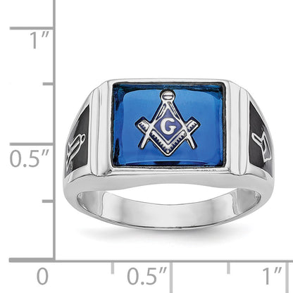 14k White Gold Mens Polished and Textured with Black Enamel and Imitation Blue Spinel Masonic Ring
