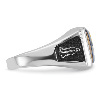 14k White Gold Mens Polished and Textured with Black Enamel and Imitation Blue Spinel Masonic Ring