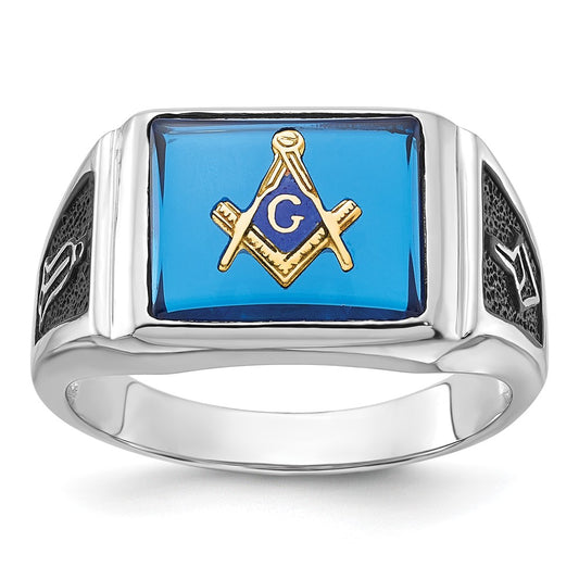14k White Gold Mens Polished and Textured with Black Enamel and Imitation Blue Spinel Masonic Ring