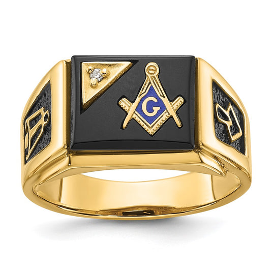 14k Yellow Gold Mens Polished and Textured with Black Enamel Onyx and AA Quality Diamond Masonic Ring