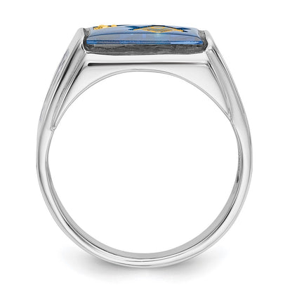 14k White Gold Mens Polished and Textured with Black Enamel Diamond and Imitation Blue Spinel Masonic Ring