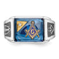 14k White Gold Mens Polished and Textured with Black Enamel Diamond and Imitation Blue Spinel Masonic Ring