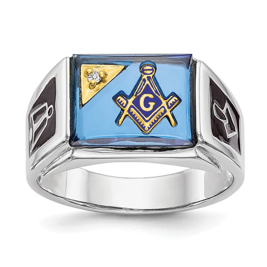 14k White Gold Mens Polished and Textured with Black Enamel Diamond and Imitation Blue Spinel Masonic Ring