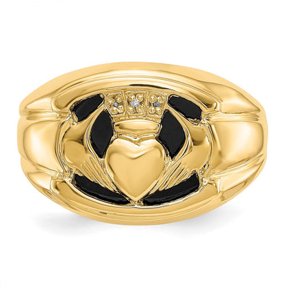 14K Yellow Gold AA Real Diamond and Onyx Mens Claddagh Ring