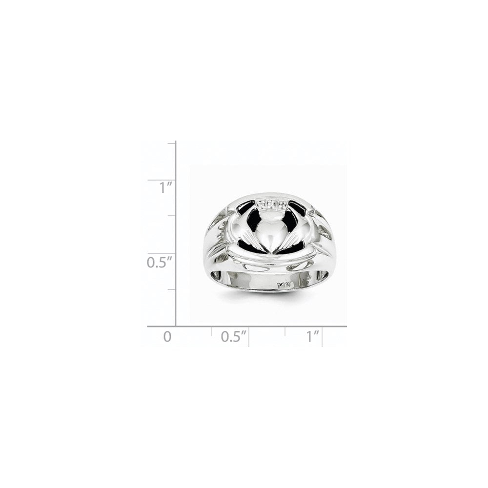 14k White Gold AA Real Diamond and Onyx Mens Claddagh Ring