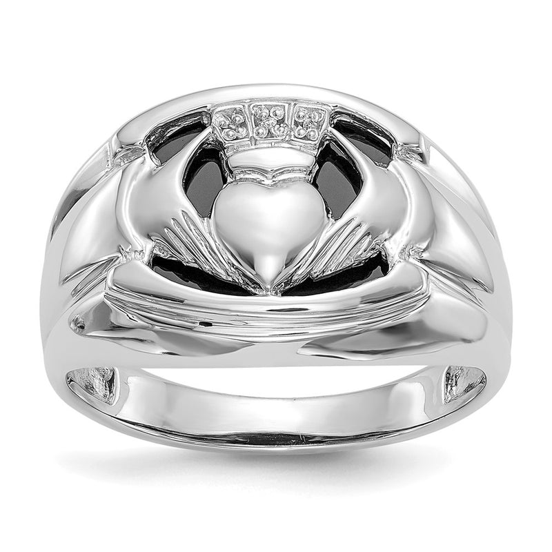 14k White Gold AA Real Diamond and Onyx Mens Claddagh Ring