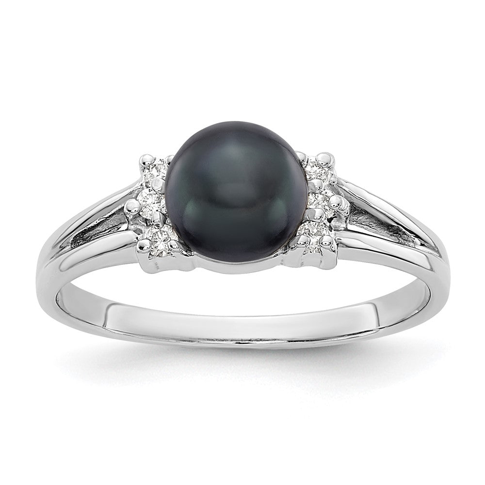 14k White Gold 6mm Black FW Cultured Pearl A Real Diamond ring