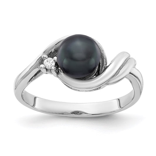 14k White Gold 6mm Black FW Cultured Pearl A Real Diamond ring