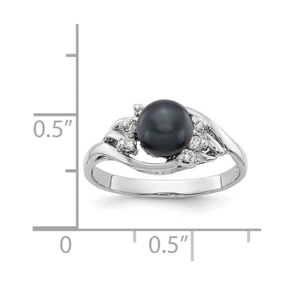 14k White Gold 6mm Black FW Cultured Pearl AAA Real Diamond ring