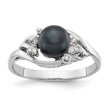 14k White Gold 6mm Black FW Cultured Pearl AAA Real Diamond ring