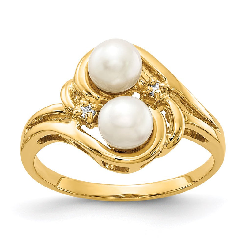 14K Yellow Gold 4mm Black FW Cultured Pearl AAA Real Diamond ring