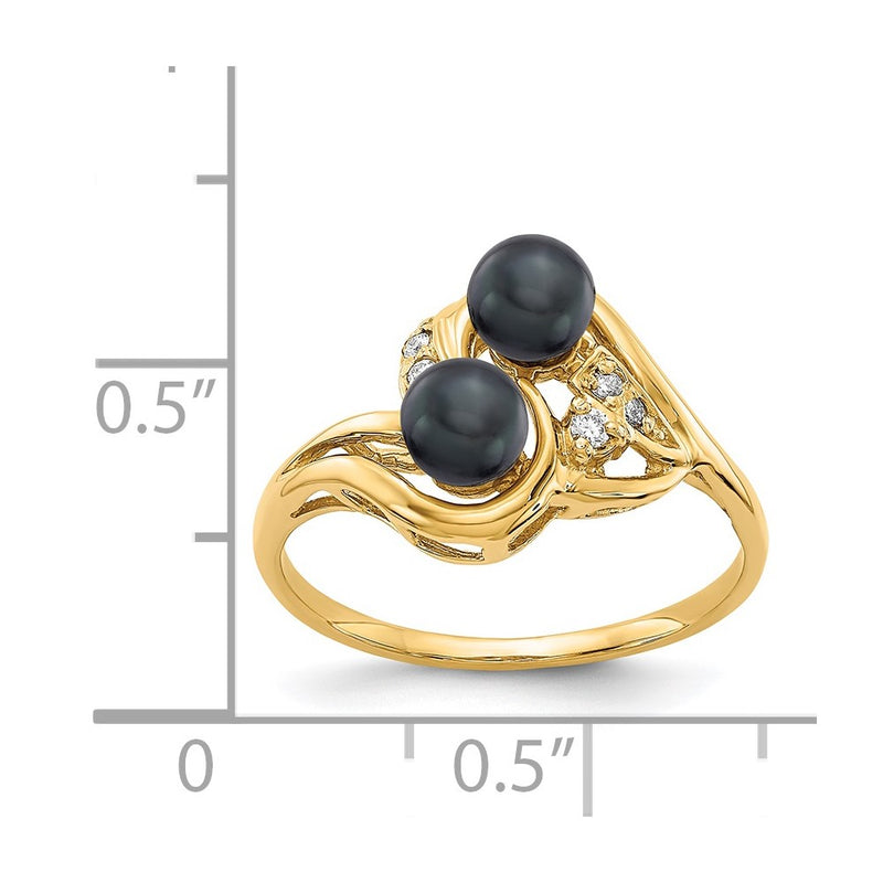 14K Yellow Gold 4.5mm Black FW Cultured Pearl AA Real Diamond ring