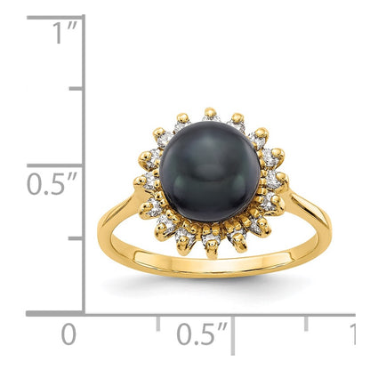 14K Yellow Gold 7.5mm Black FW Cultured Pearl AA Real Diamond ring