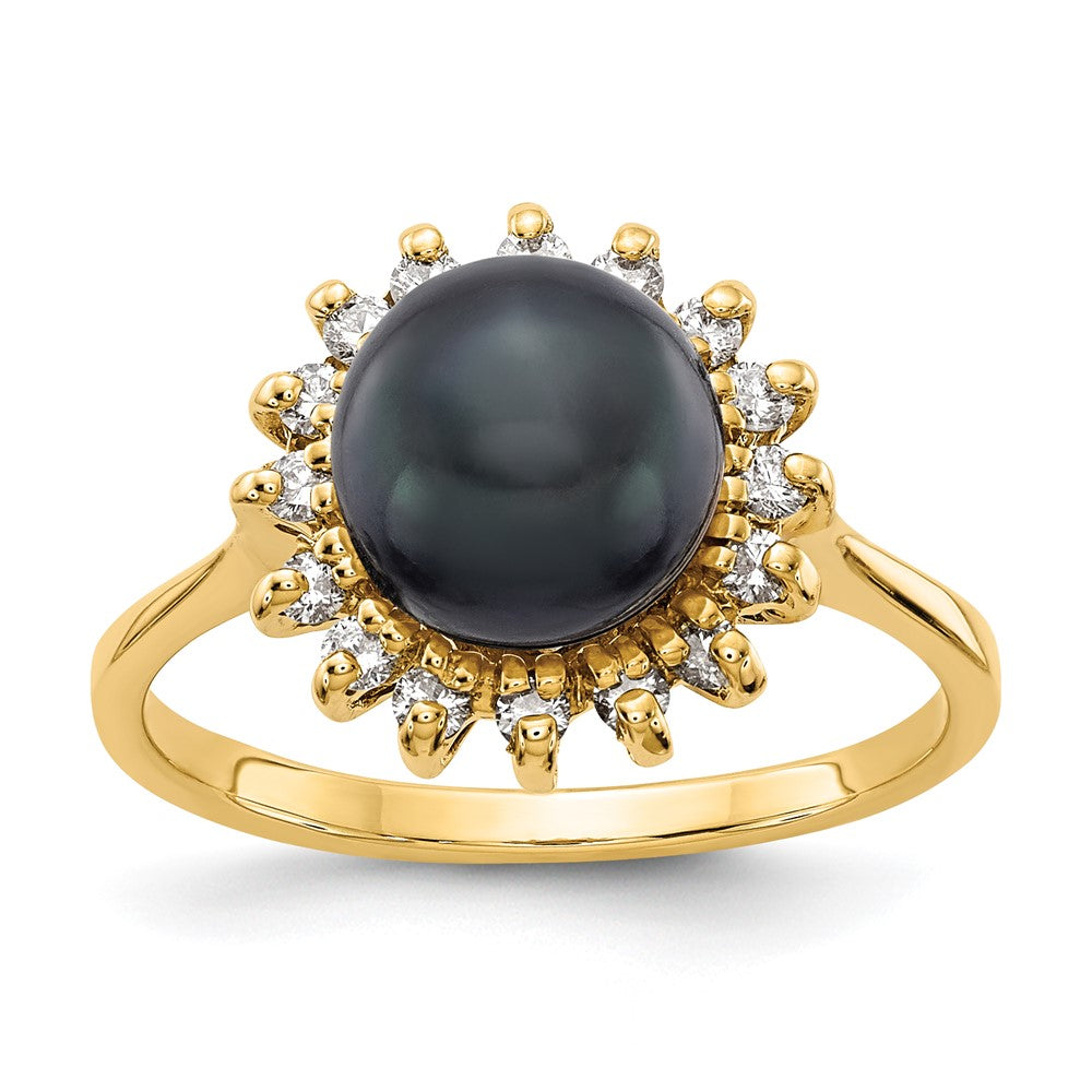 14K Yellow Gold 7.5mm Black FW Cultured Pearl AA Real Diamond ring