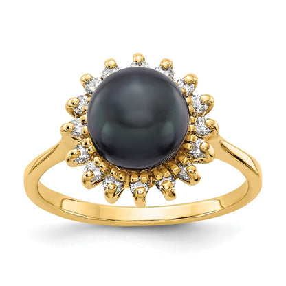 14K Yellow Gold 7.5mm Black FW Cultured Pearl AA Real Diamond ring