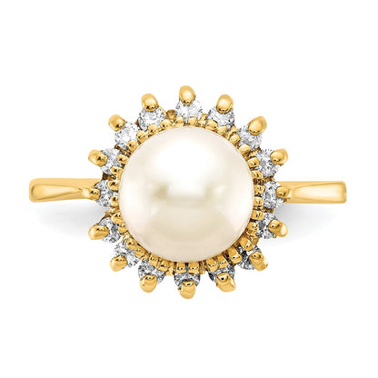 14K Yellow Gold 7.5mm FW Cultured Pearl AAA Real Diamond ring