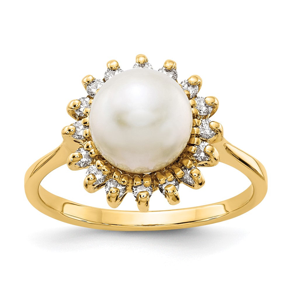 14K Yellow Gold 7.5mm FW Cultured Pearl AAA Real Diamond ring
