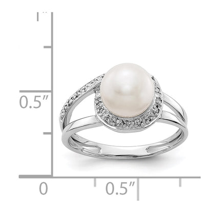14k White Gold 7.5mm FW Cultured Pearl AAA Real Diamond ring