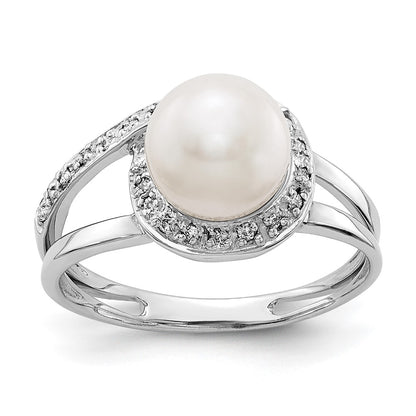 14k White Gold 7.5mm FW Cultured Pearl AAA Real Diamond ring