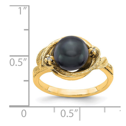 14K Yellow Gold 7.5mm Black FW Cultured Pearl AAA Real Diamond ring