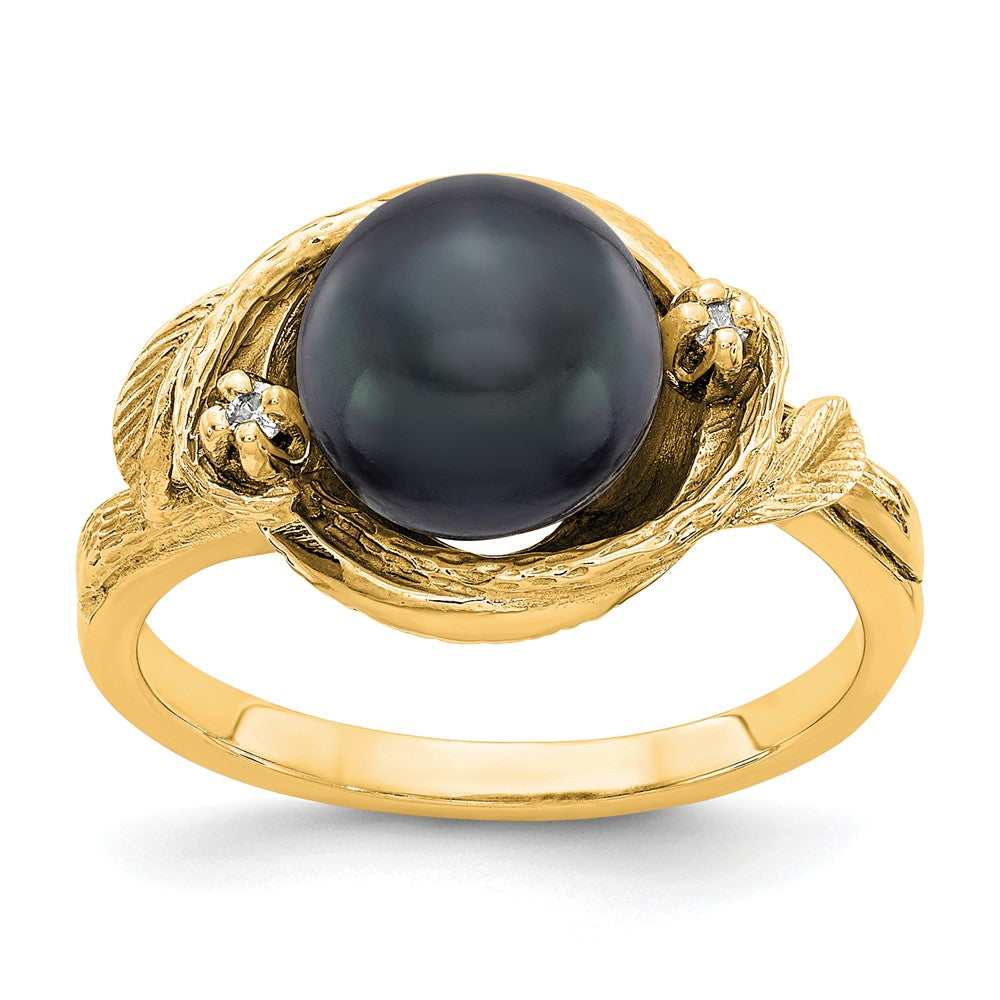 14K Yellow Gold 7.5mm Black FW Cultured Pearl AAA Real Diamond ring