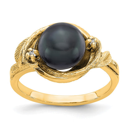 14K Yellow Gold 7.5mm Black FW Cultured Pearl AAA Real Diamond ring