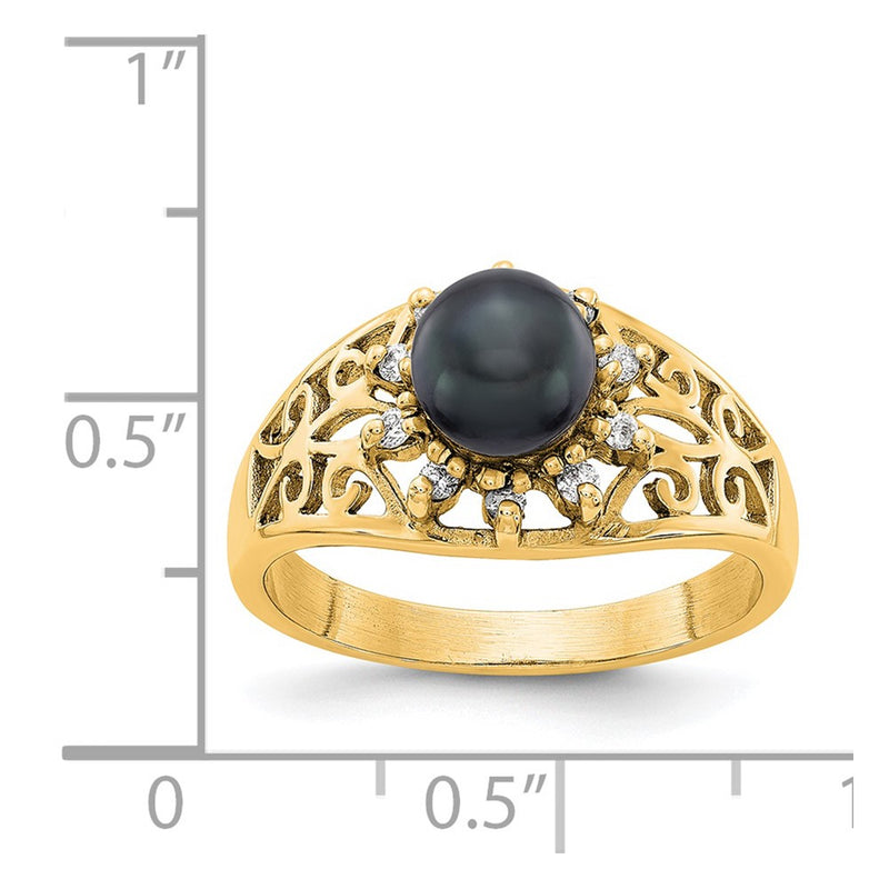 14K Yellow Gold 6mm Black FW Cultured Pearl VS Real Diamond ring