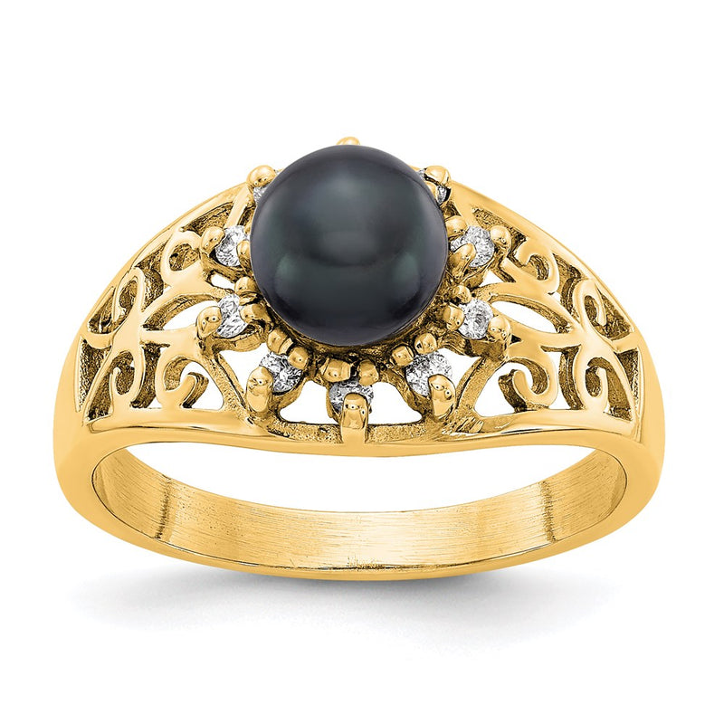 14K Yellow Gold 6mm Black FW Cultured Pearl VS Real Diamond ring