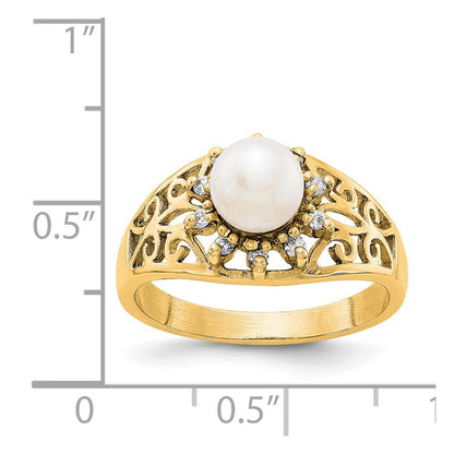 14K Yellow Gold 6mm FW Cultured Pearl AA Real Diamond ring