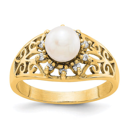 14K Yellow Gold 6mm FW Cultured Pearl AA Real Diamond ring
