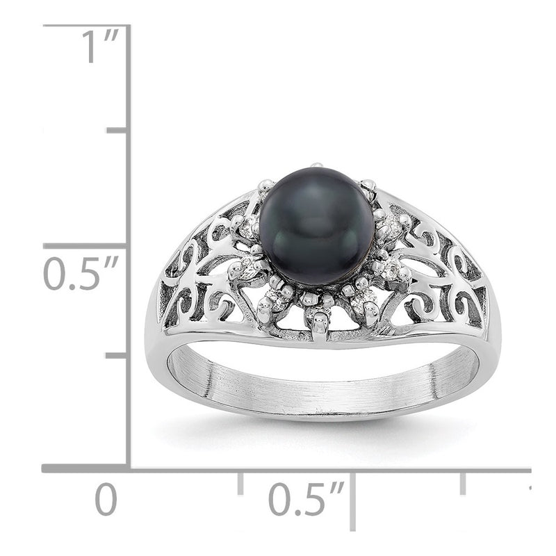 14k White Gold 6mm Black FW Cultured Pearl AA Diamond ring