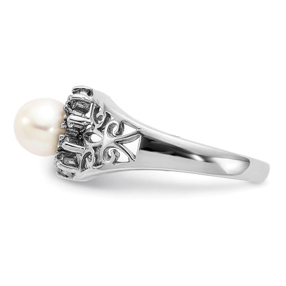 14k White Gold 6mm FW Cultured Pearl VS Diamond ring