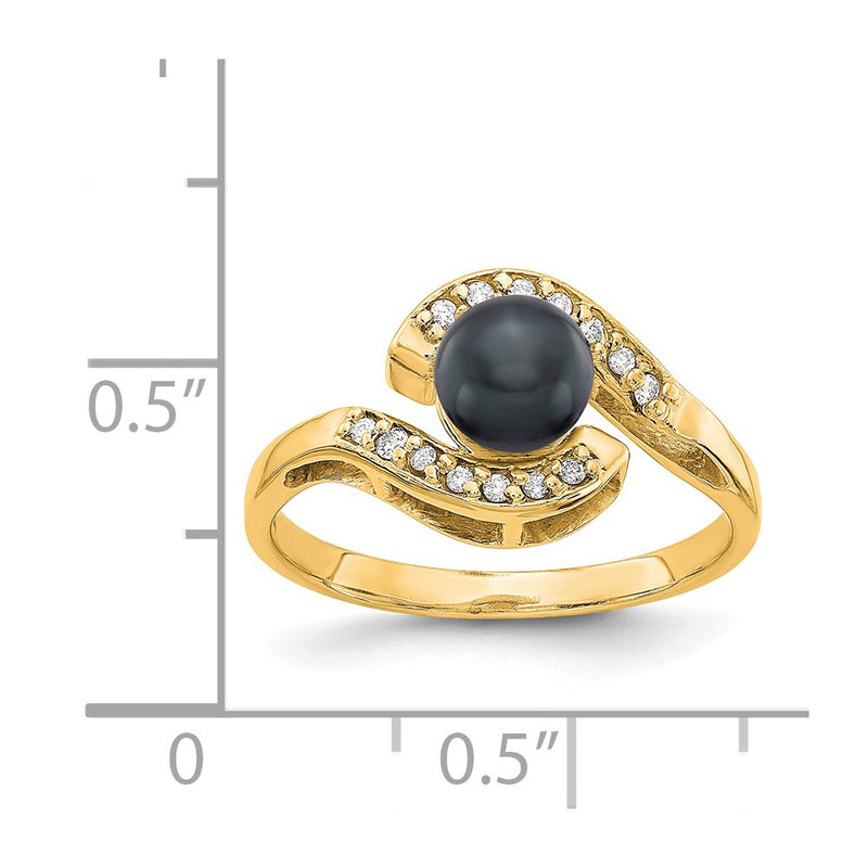 14K Yellow Gold 5.5mm Black FW Cultured Pearl A Real Diamond ring