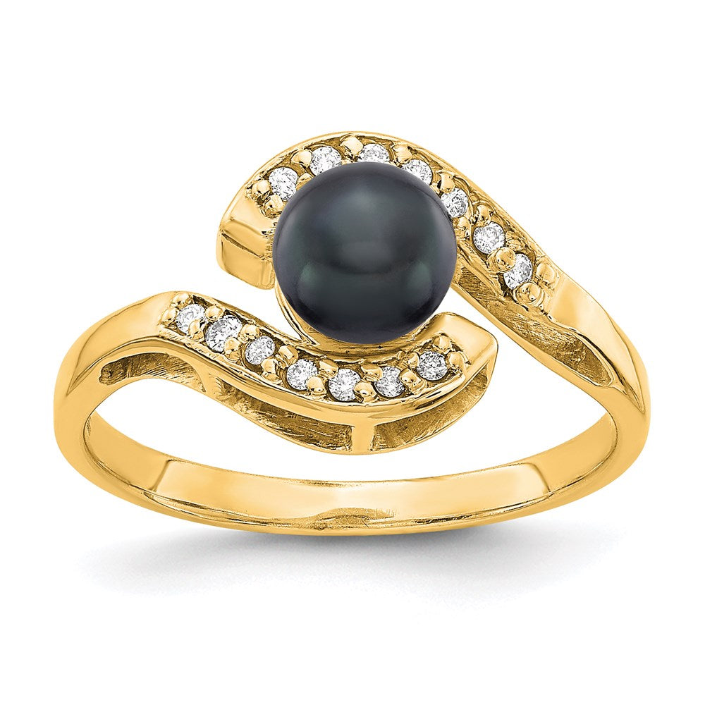 14K Yellow Gold 5.5mm Black FW Cultured Pearl A Real Diamond ring