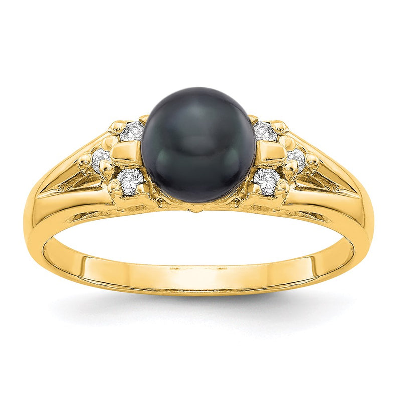 14K Yellow Gold 6mm Black FW Cultured Pearl A Real Diamond ring